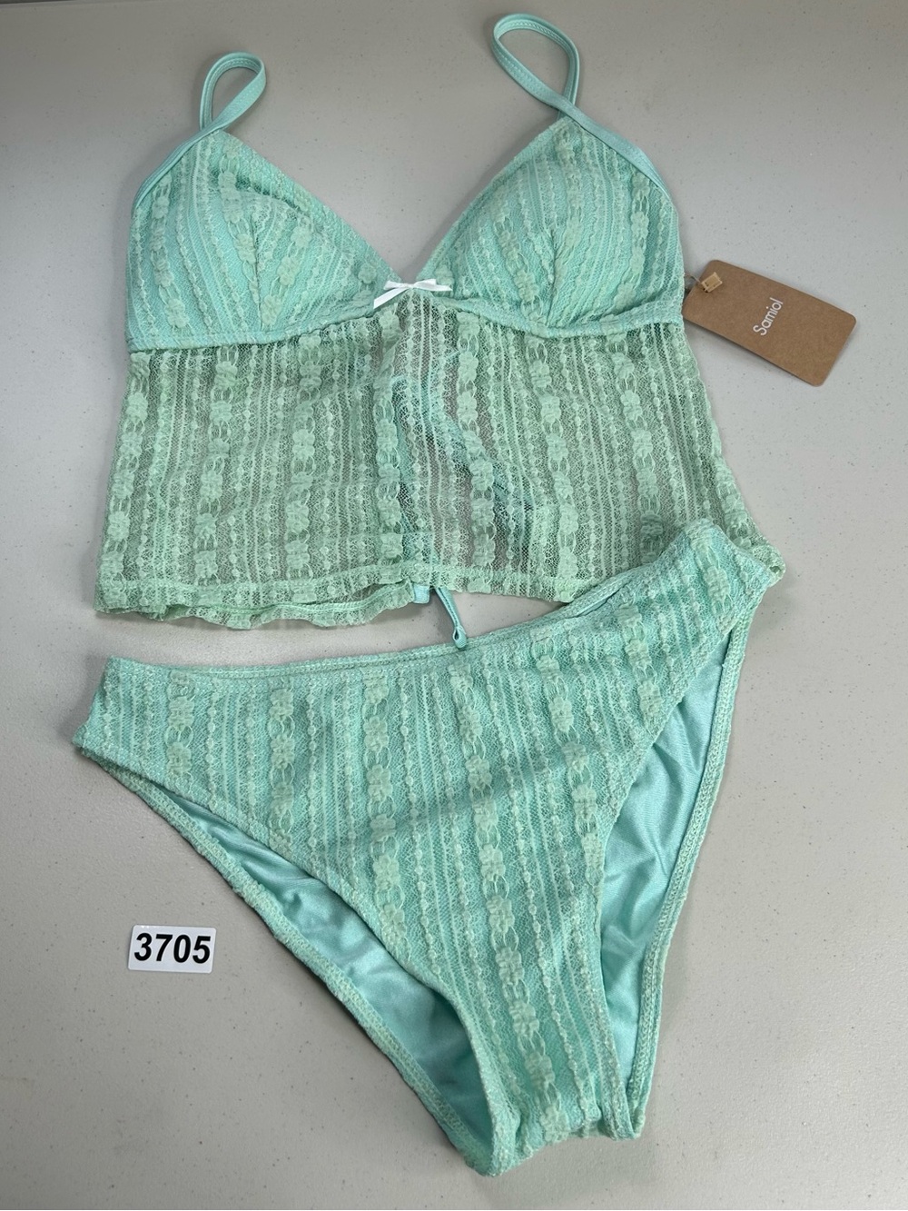 Samiol Tankini Bikini Set Medium Cyan Hollow Lace Beachwear